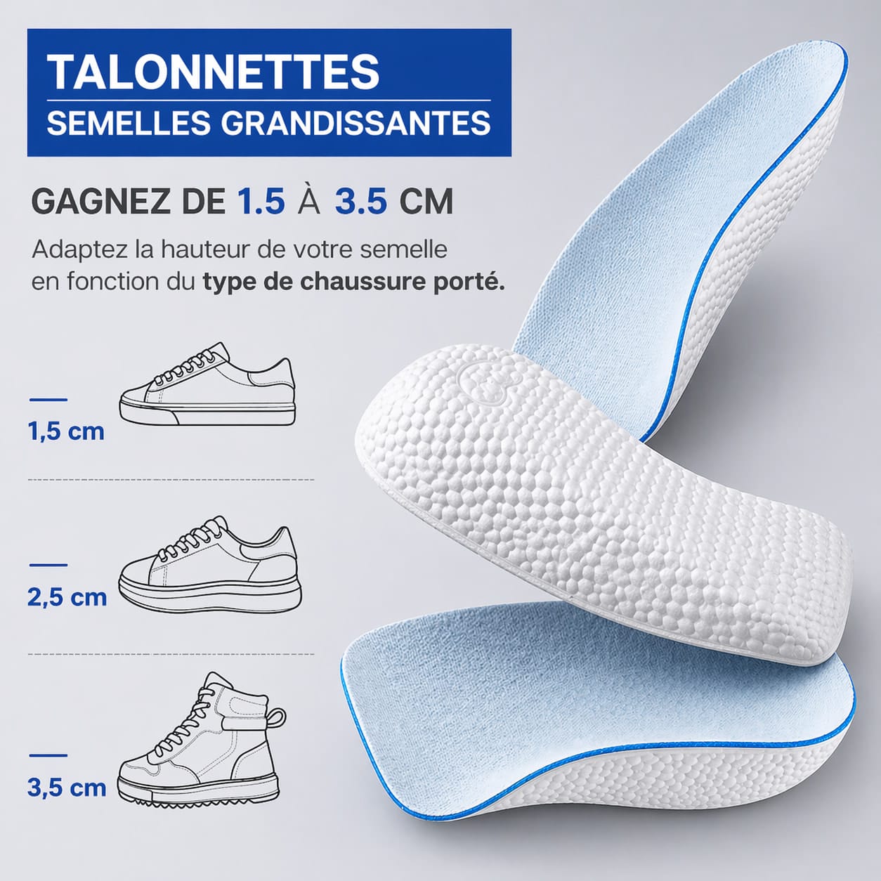 Talonnettes semelles grandissantes homme 1,5 cm 2,5 cm et 3,5 cm adaptées à tous types de chaussures