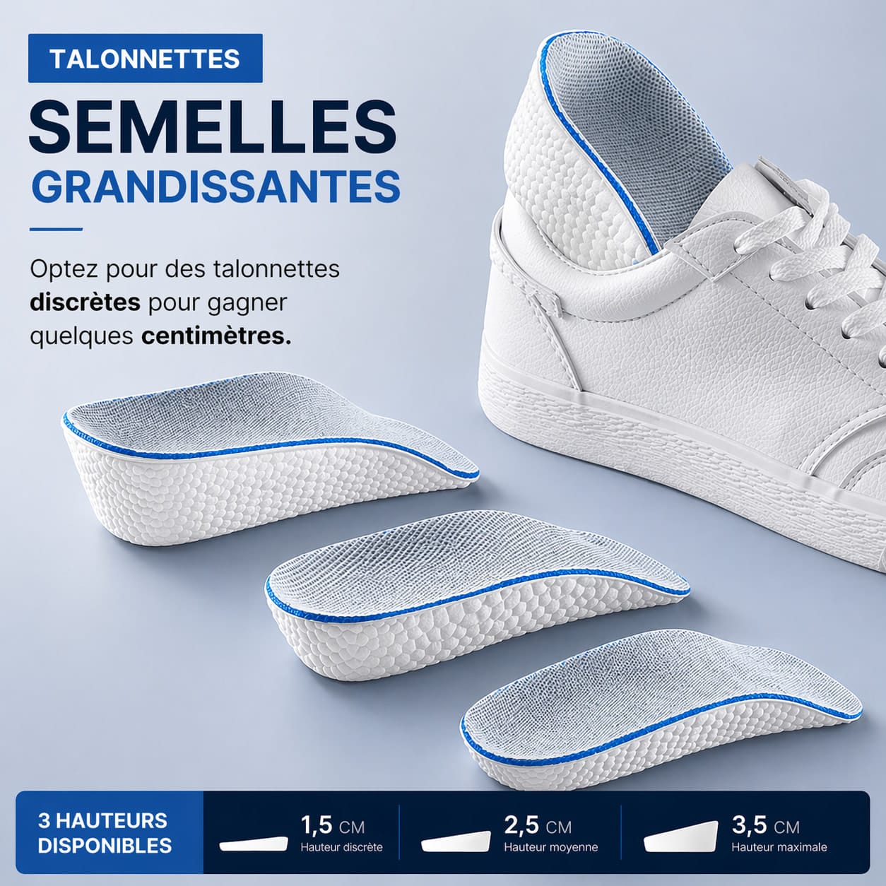 Talonnettes semelles grandissantes homme 3 hauteurs disponibles discrète moyenne et maximale