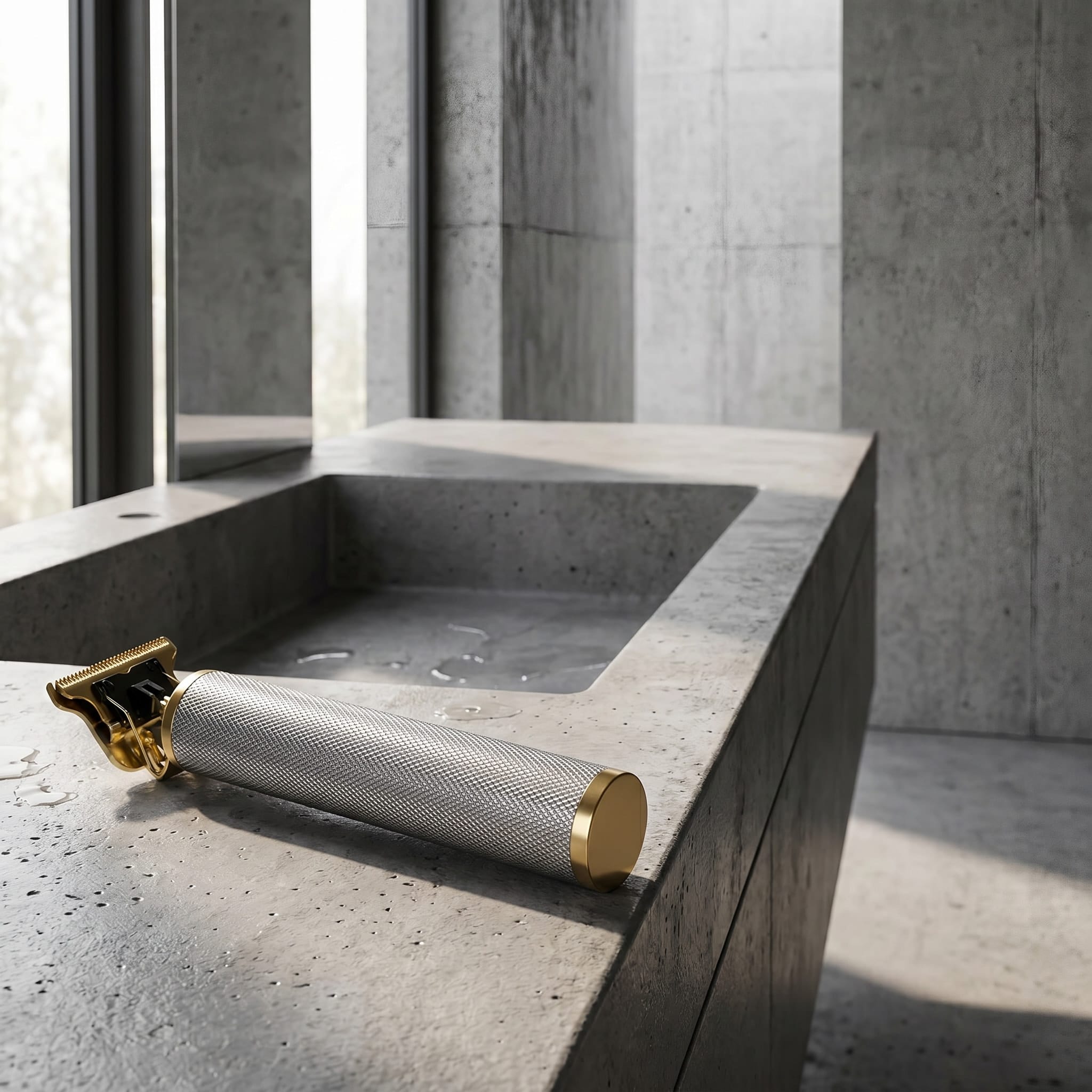 Tondeuse barbe et cheveux homme argent posée sur vasque salle de bain