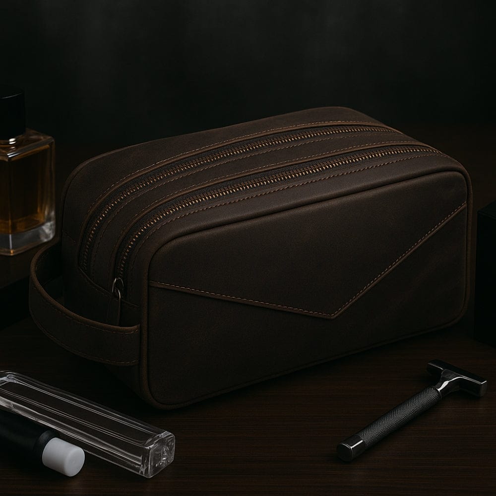 Trousse de toilette homme cuir véritable noir fermetures doubles