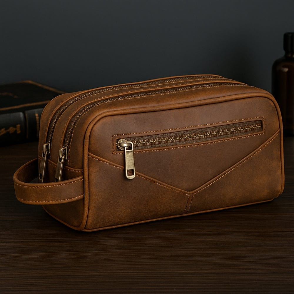 Trousse de toilette homme cuir véritable cognac design intemporel