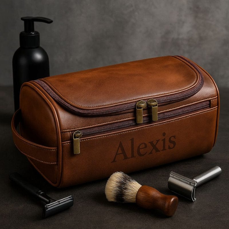 Trousse de toilette personnalisée cuir Alexis avec accessoires de rasage