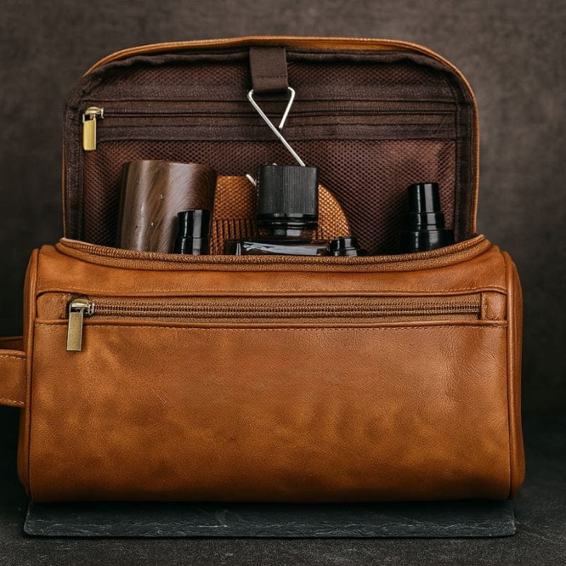 trousse de toilette personnalisée en cuir avec accessoires de rasage masculins