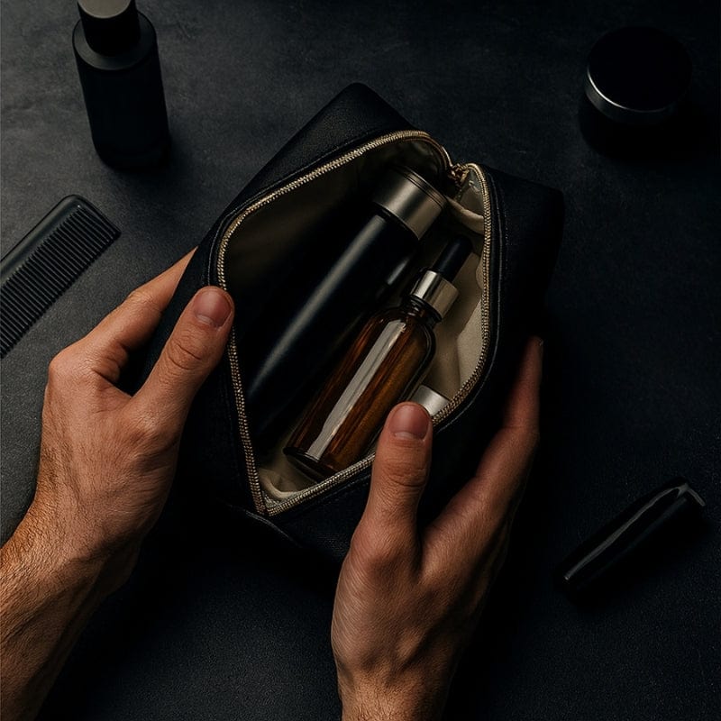 trousse de toilette homme luxe cuir noir avec produits de soin masculins