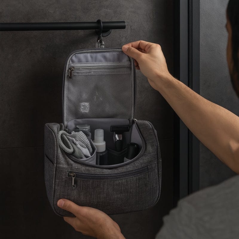 trousse de toilette homme suspendue grise avec crochet et compartiments