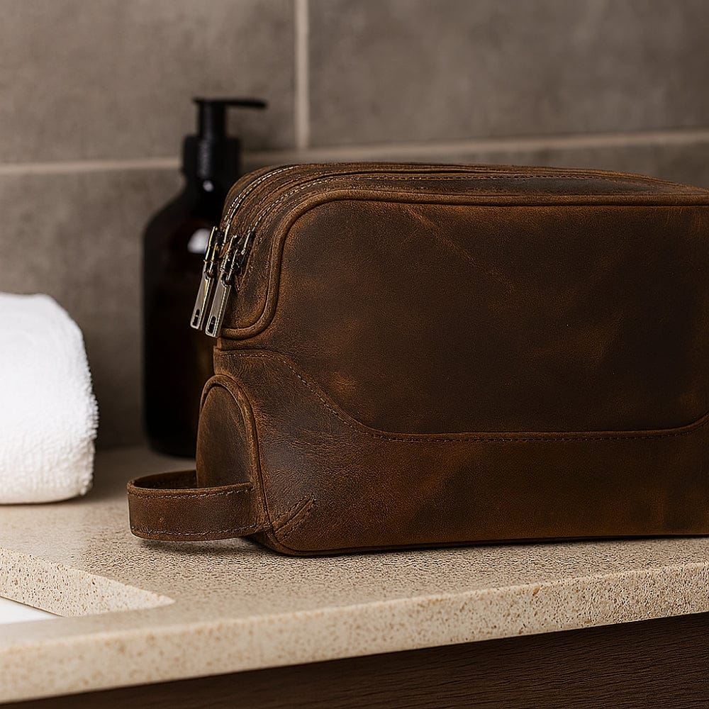 Trousse toilette cuir véritable homme marron luxe personnalisable
