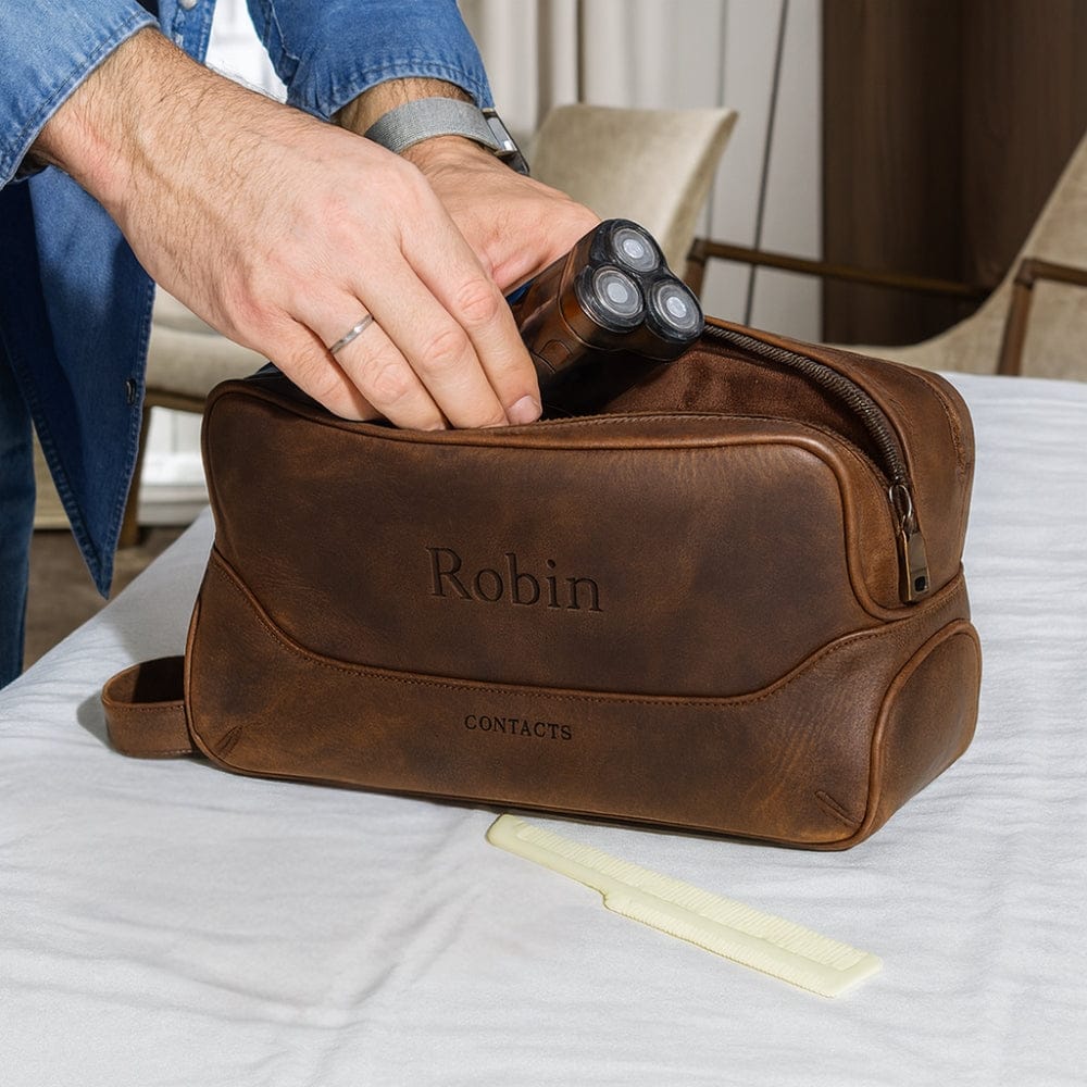 Trousse toilette cuir veritable personnalisable marron vintage luxe