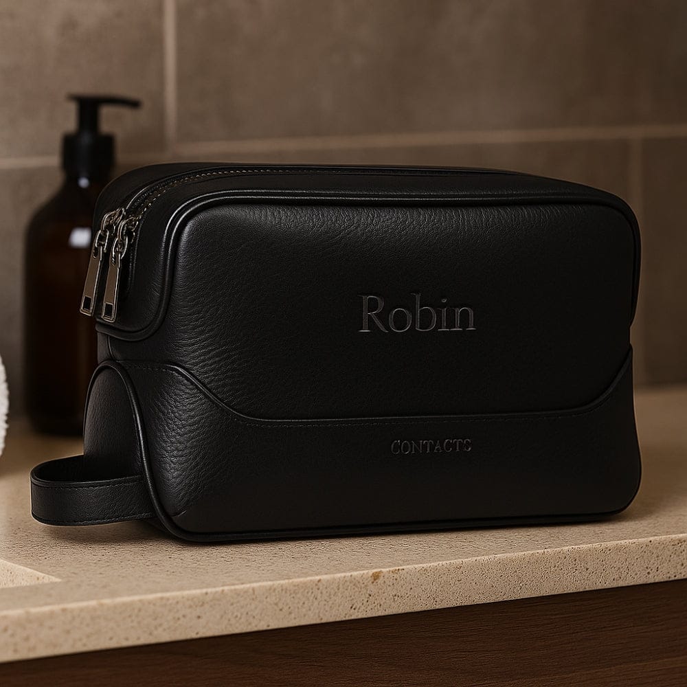 Trousse toilette cuir personnalisée gravure prénom homme noir luxe