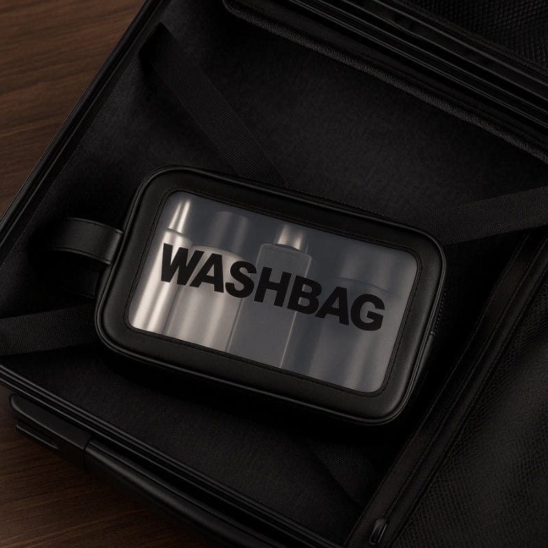 Intérieur trousse de toilette étanche avec compartiment visible et finition cuir