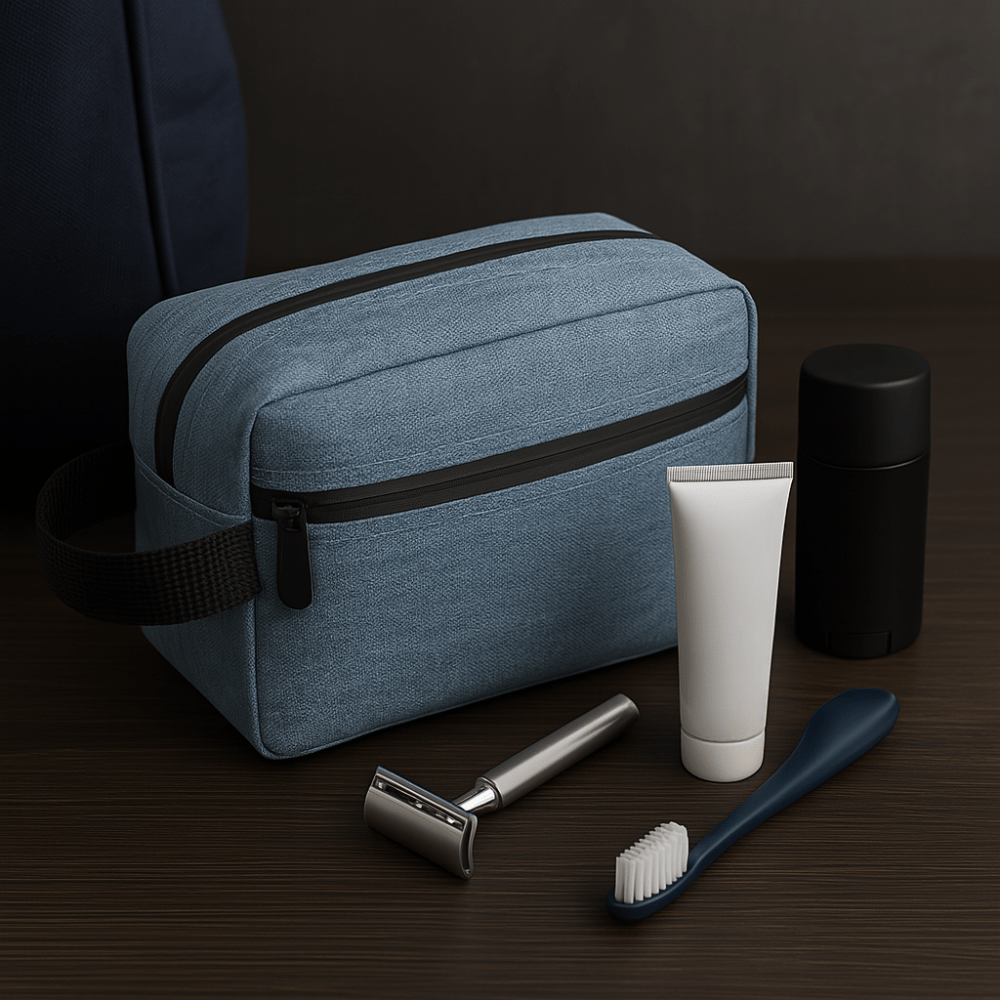 Trousse de toilette tissu bleu clair pour homme compacte