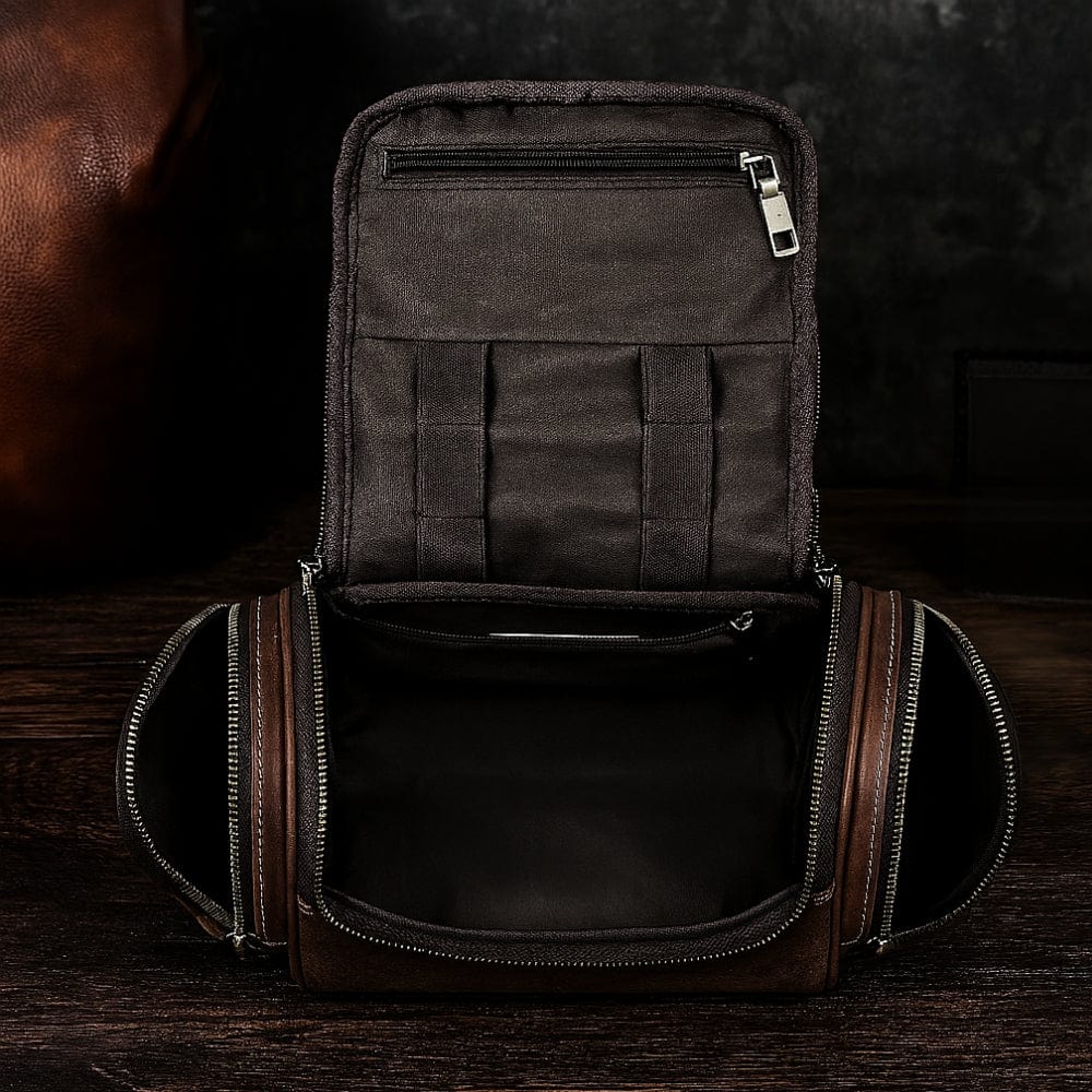 Trousse de toilette cuir vintage homme suspension ouverte avec organisateur central amovible
