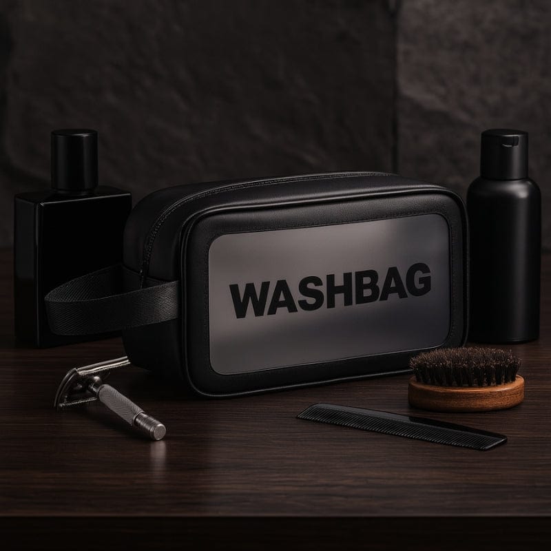 Trousse toilette homme étanche en cuir avec produits de soins et accessoires