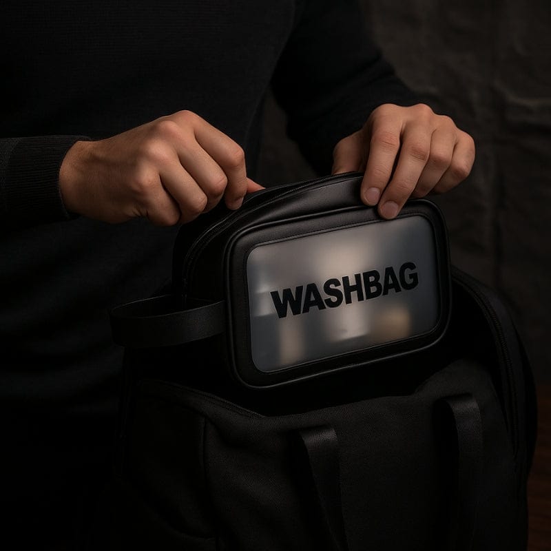 Trousse de toilette homme étanche avec fenêtre transparente en cuir noir