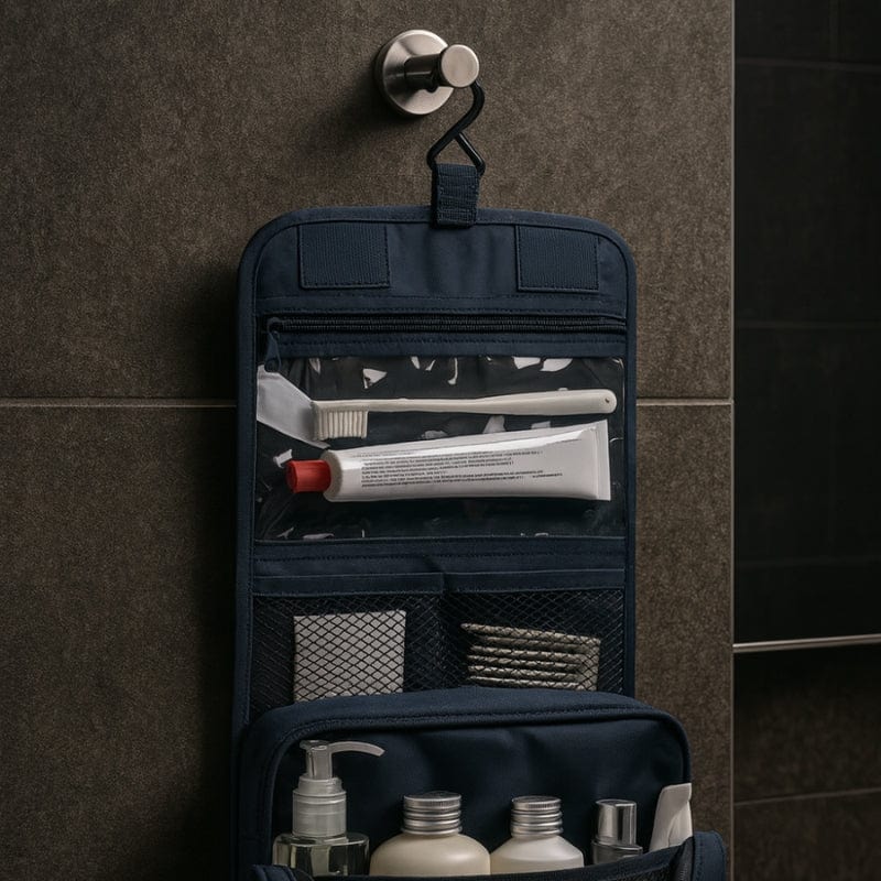 Trousse de toilette homme suspendue accrochée avec crochet et compartiments visibles