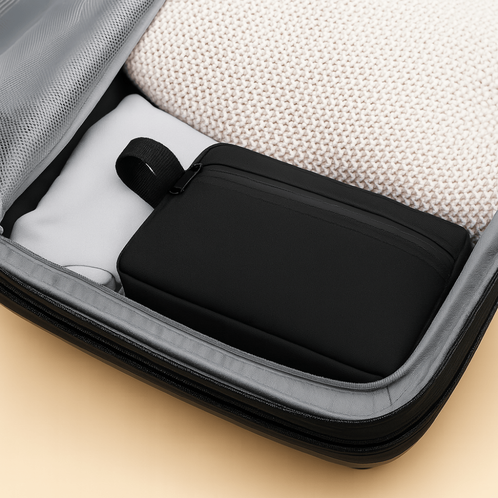 Trousse de toilette tissu noire pour homme dans une valise cabine, compacte