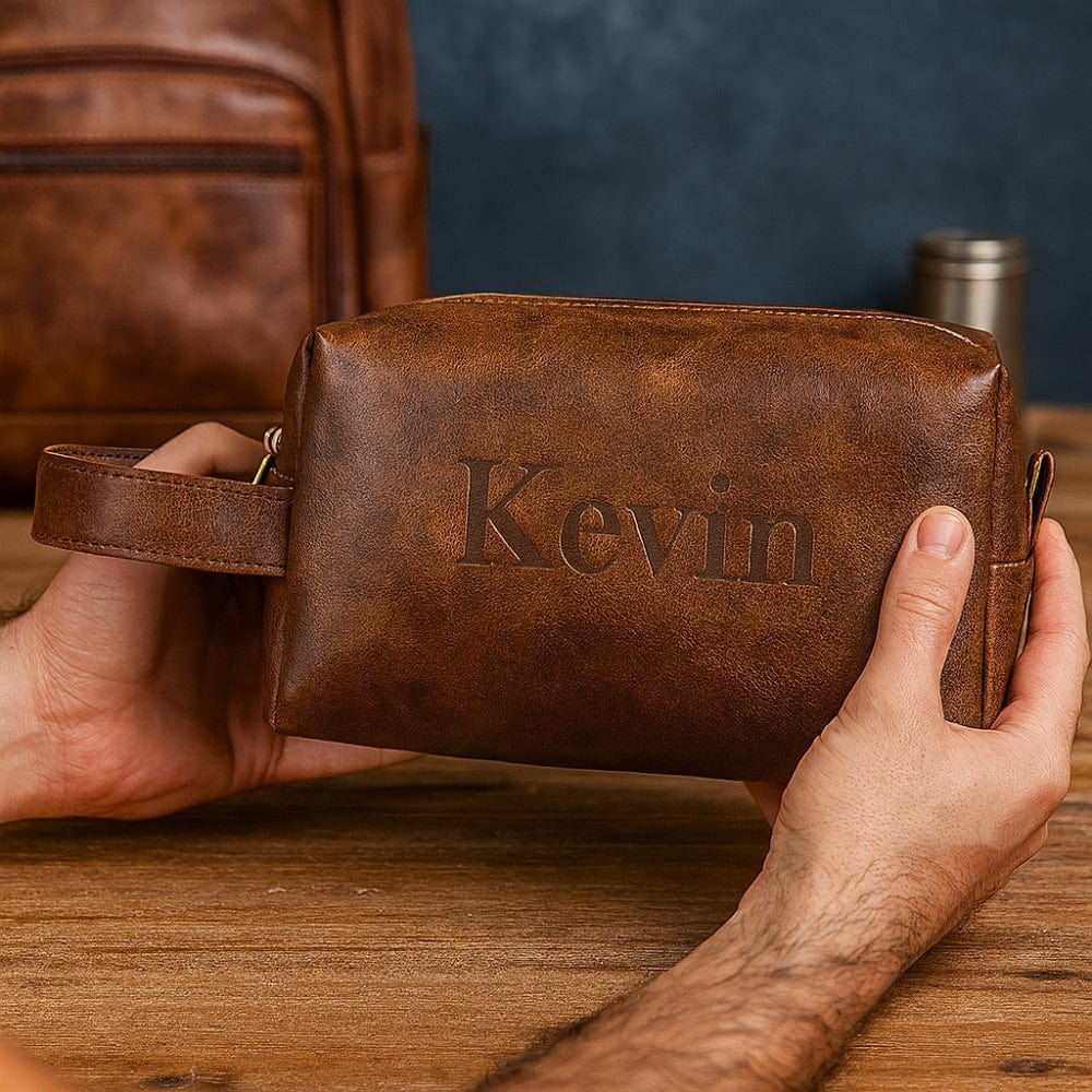 Trousse de toilette homme personnalisée cuir - Gravure prénom