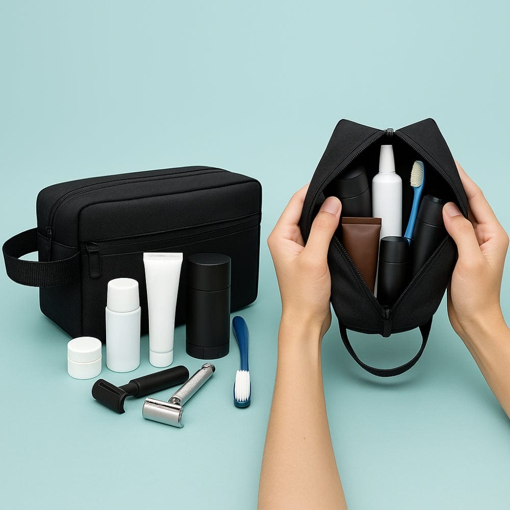 Trousse de toilette voyage compacte personnalisable homme ouverte montrant compartiments