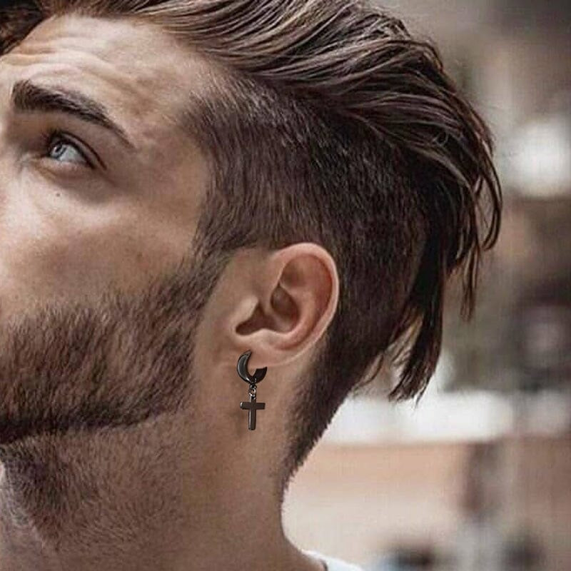 Boucle d'oreille pour homme croix pendante