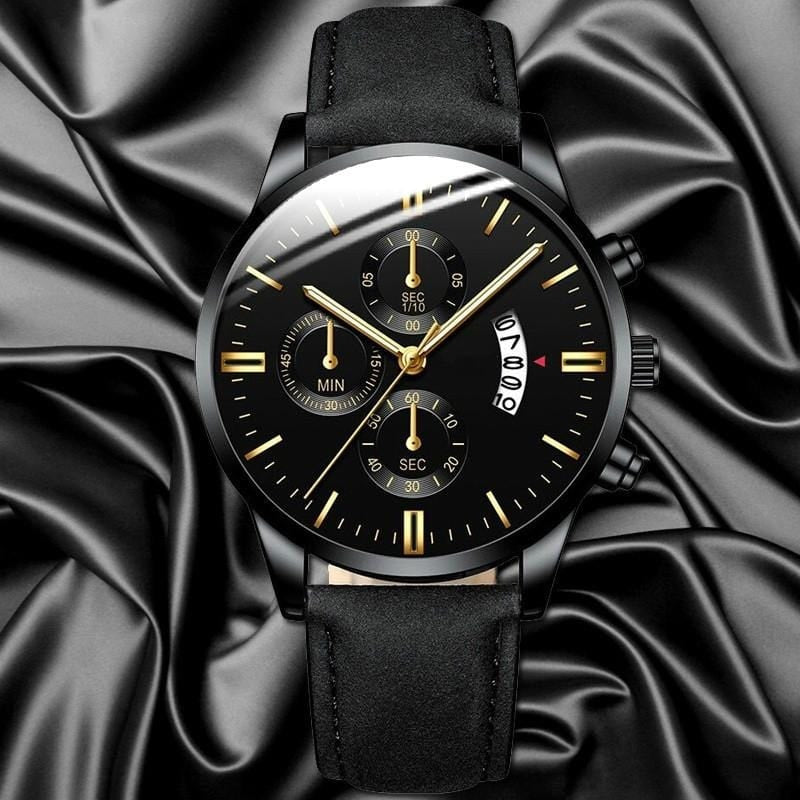 Montre Chronographe Bracelet Cuir noir et or