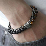 bijou-bracelet-acier-chaîne-pierres-perles-naturelles-homme-oeil de tigre