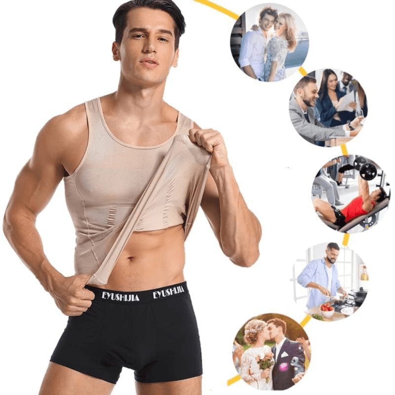 Débardeur Homme Compression Amincissant Gynécomastie - Gilet Sport Ionique Noir/Blanc/Gris