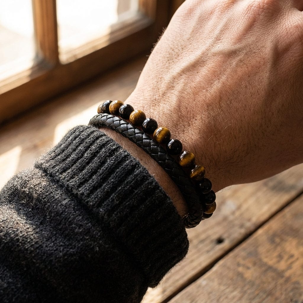 Bracelet perle homme en pierres naturelles d'œil de tigre sur cuir tressé
