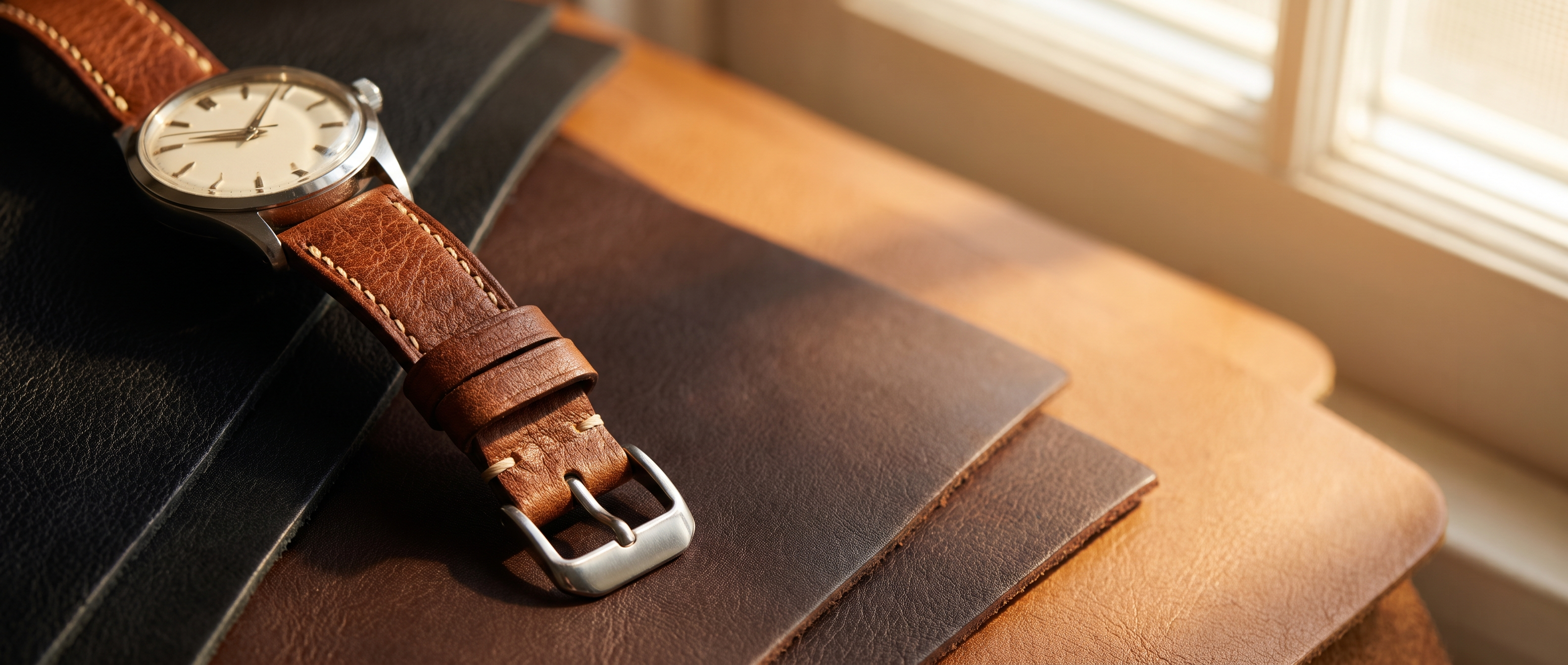 Montre homme bracelet cuir cognac posée sur des cuirs empilés