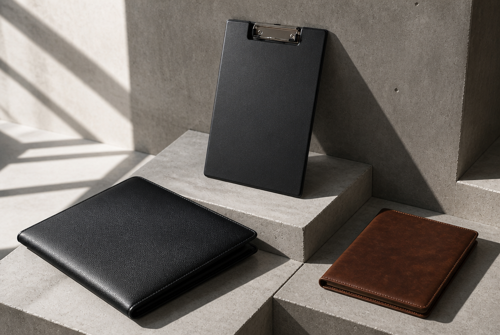 Trois porte-documents homme posés sur des blocs de béton clair : une chemise A4 en similicuir noir grainé, un porte-bloc rigide noir en polypropylène et un étui A5 en cuir de vachette marron