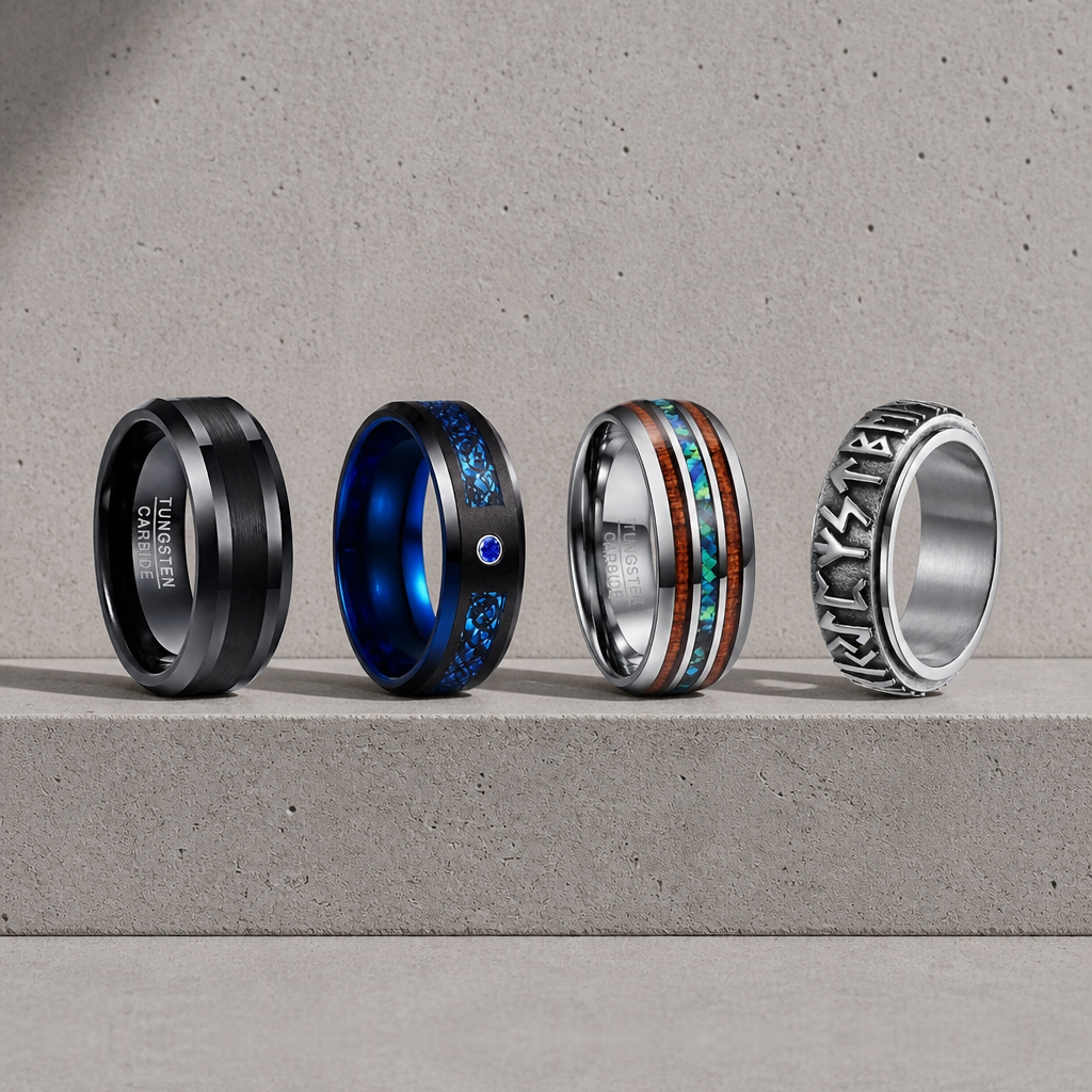 Bagues homme en tungstène noir, bleu celtique, bois et nacre et bague viking anti-stress posées sur béton