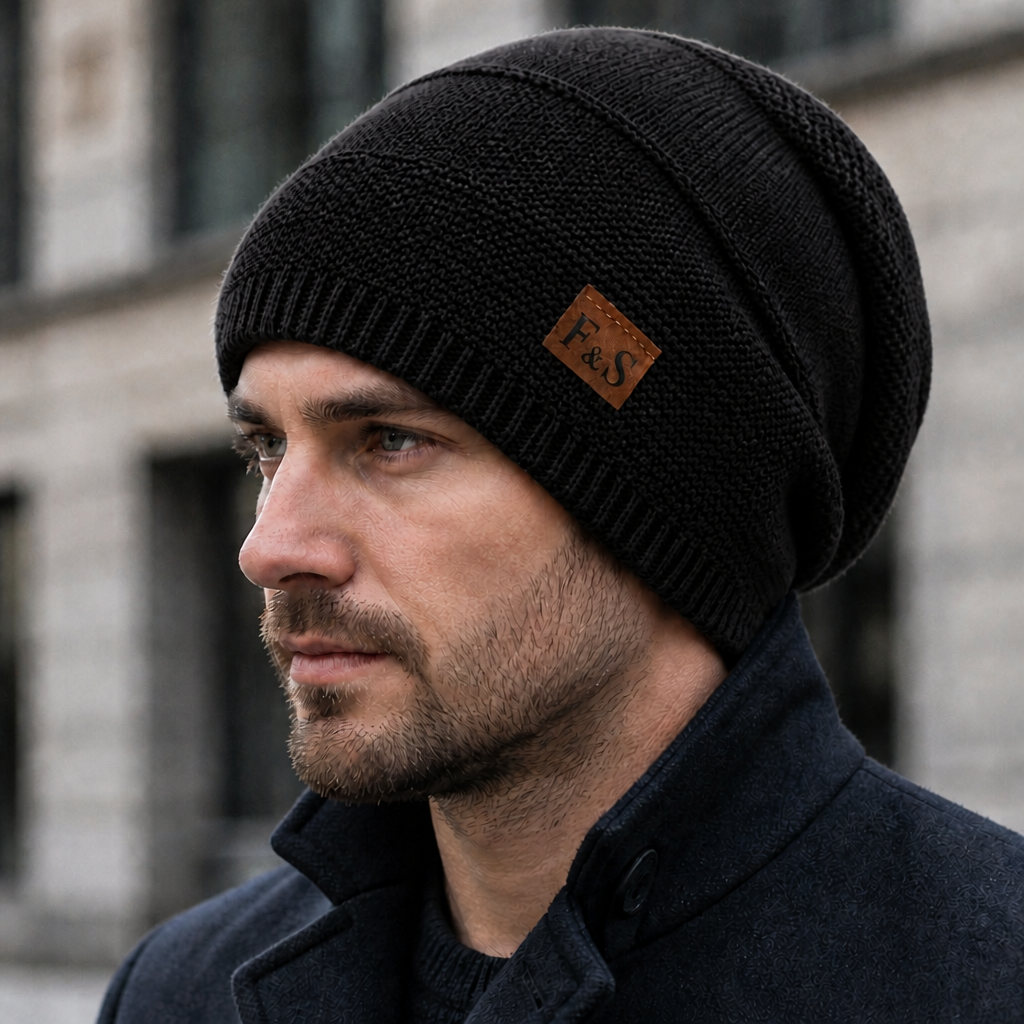Homme portant un bonnet long noir doublé polaire avec un manteau sombre