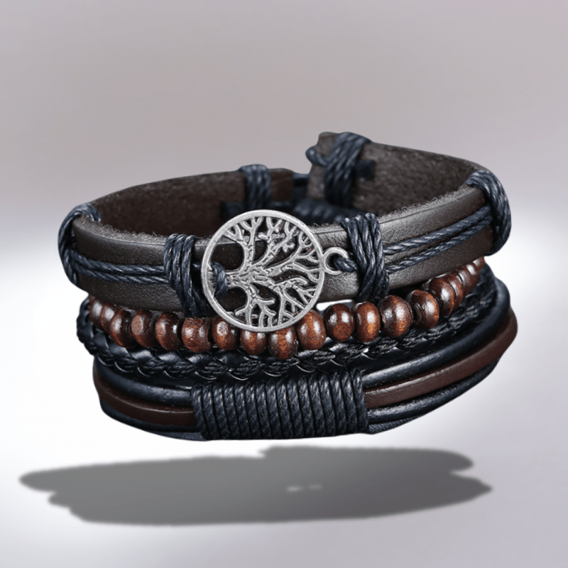 Bracelet homme en perles de bois naturel et cuir, pendentif arbre de vie