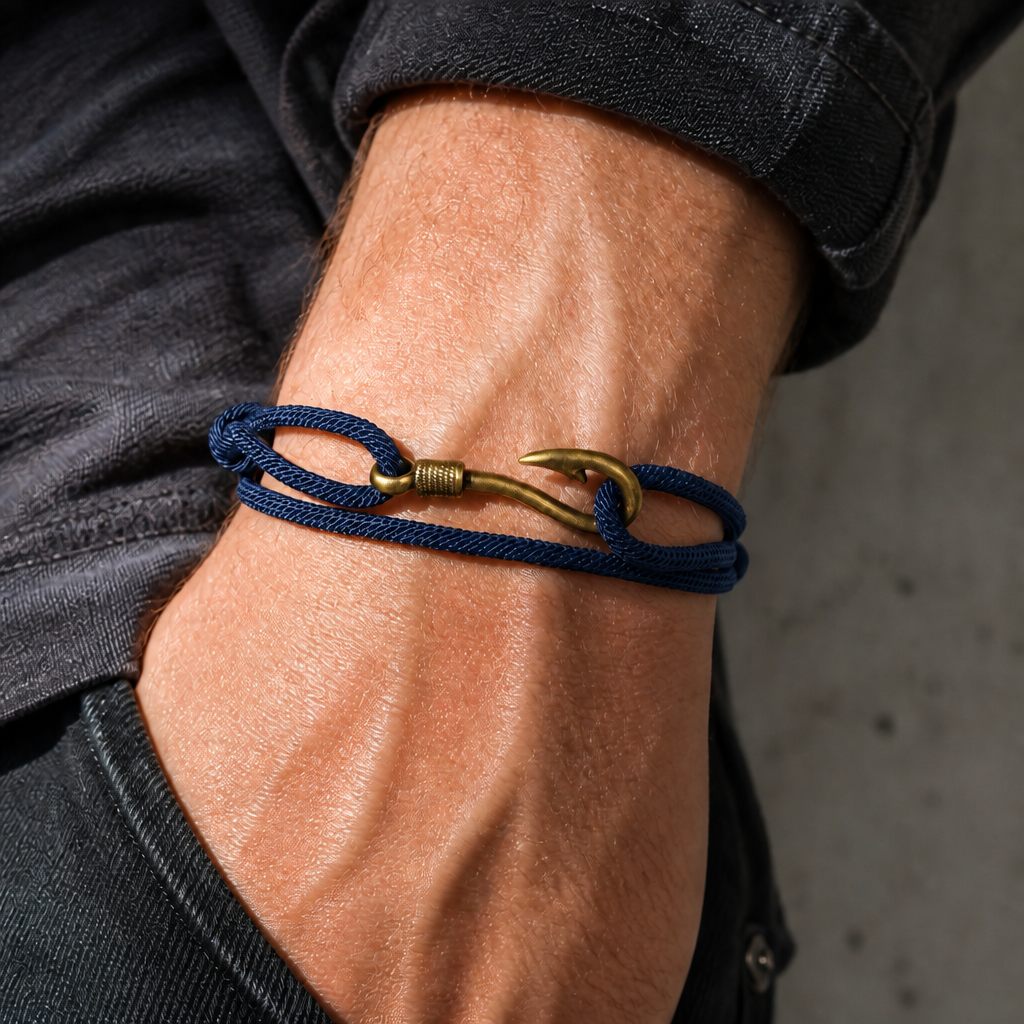 Bracelet cordon homme en corde tressée bleu marine porté au poignet
