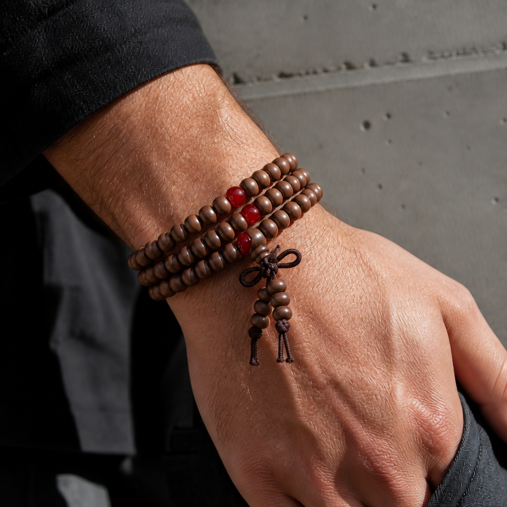 Bracelet homme en perles de bois, mala tibétain porté au poignet