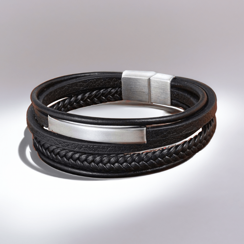 Bracelet cuir homme noir à fermoir magnétique en acier, finition argent