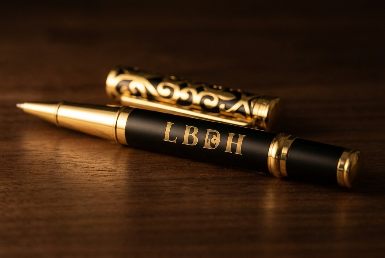 Stylo homme noir et doré posé sur un bureau en bois