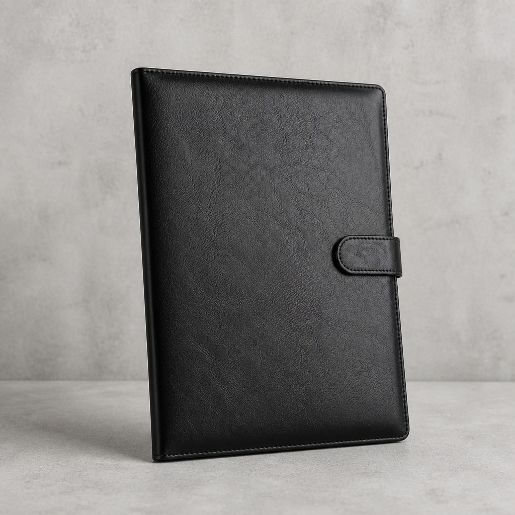 Porte-document homme A4 conférencier en simili cuir noir, posé sur béton clair