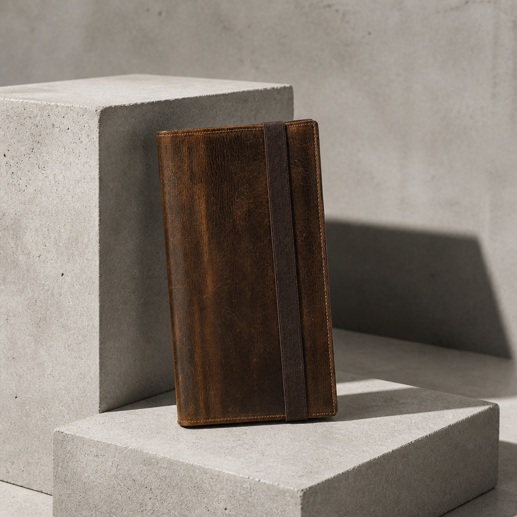 Porte-document en cuir de vachette véritable marron, format A5, posé sur béton clair