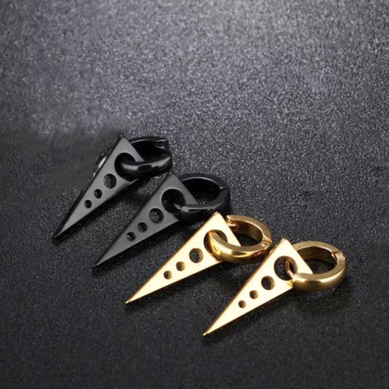 Boucles d'oreilles pendantes homme en acier inoxydable noir et or avec design perforé
