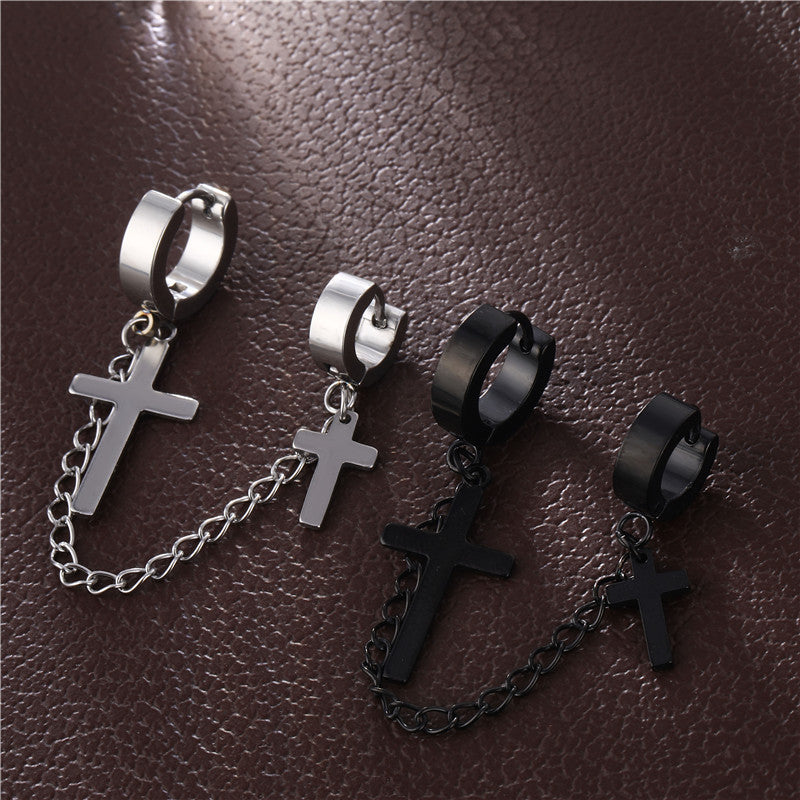 Duo de boucles d'oreilles croix et chaîne – Modèles noir et argent en acier 