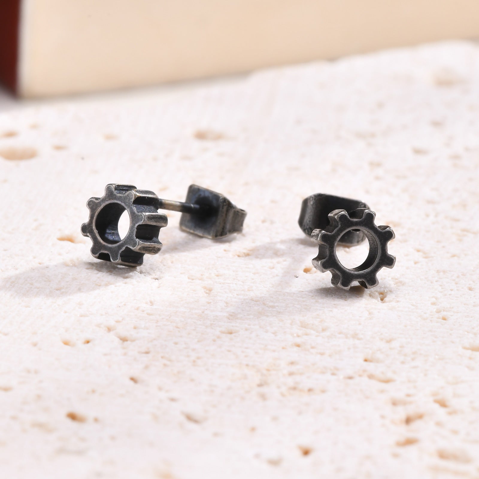 Paire de boucles d'oreilles homme engrenage en acier inoxydable, style industriel vintage