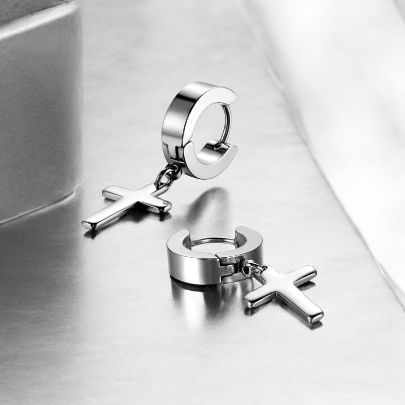 Boucles d'oreilles en or croix chrétienne pour homme argent