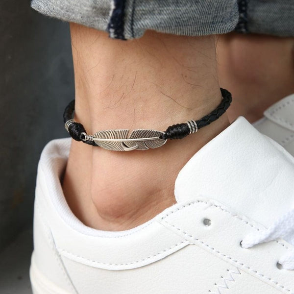 BRACELET CHEVILLE CUIR ET PLUME