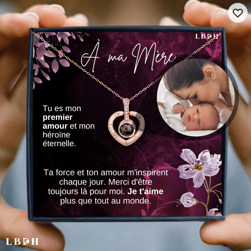 Collier Personnalisé Projection Photo – « I Love You » 100 Langues – Pendentif Gravé Nano Avec Votre Photo – Cadeau Amour Unique