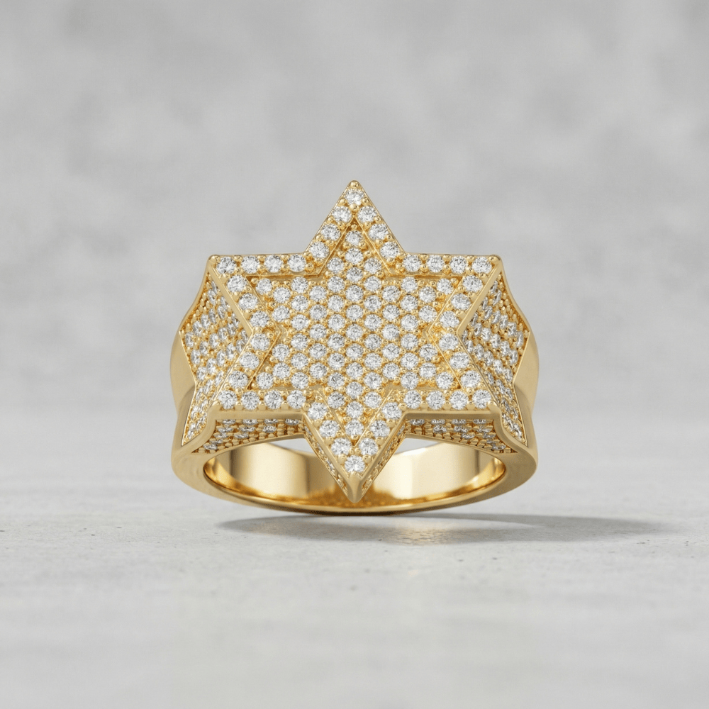 Chevalière homme or diamant moissanite plateau étoile pavé