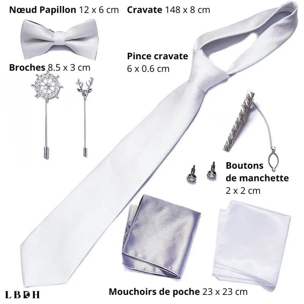 COFFRET CADEAU COSTUME CRAVATE ET NOEUD PAPILLON BLANC