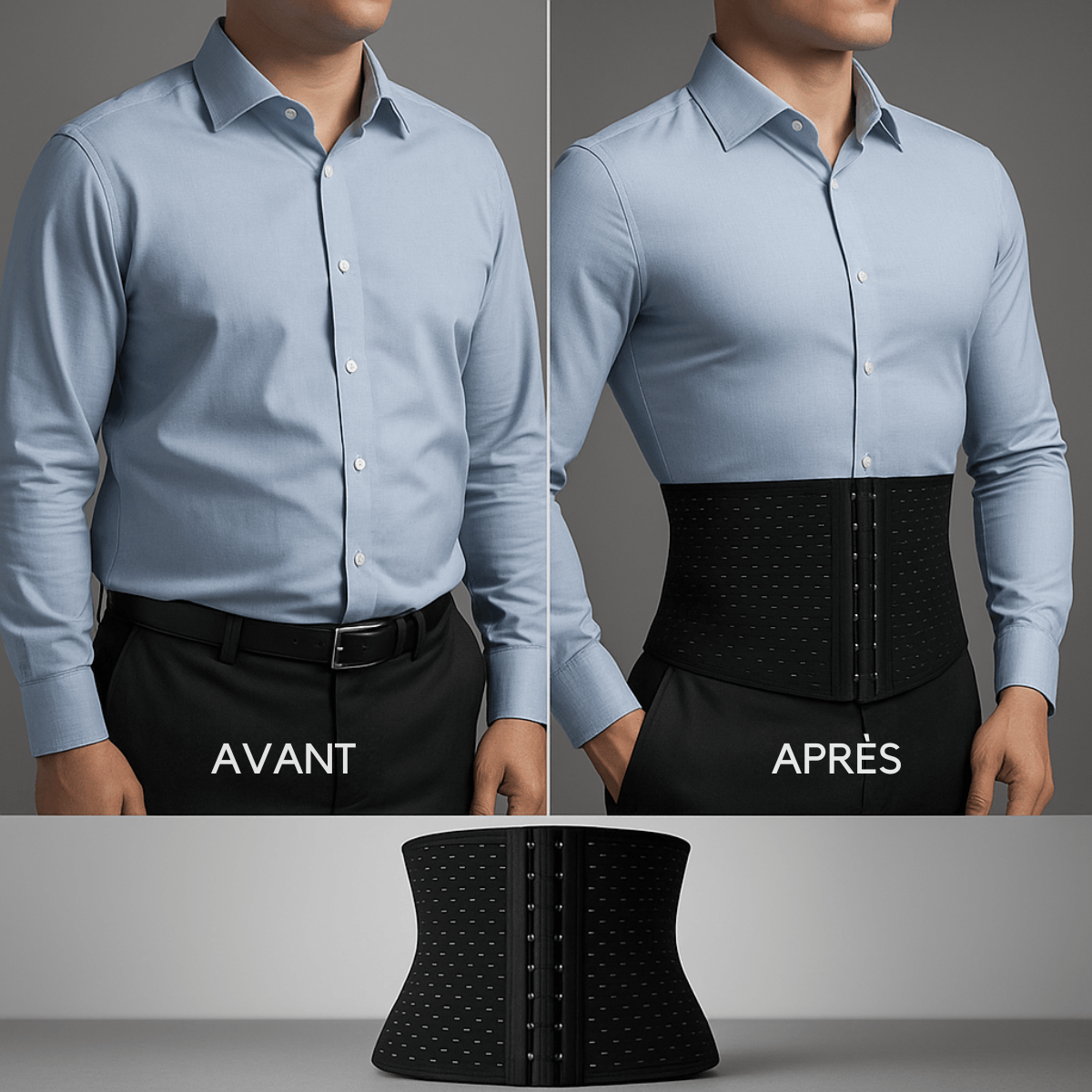 corset pour homme ventre plat avant après avec une chemise