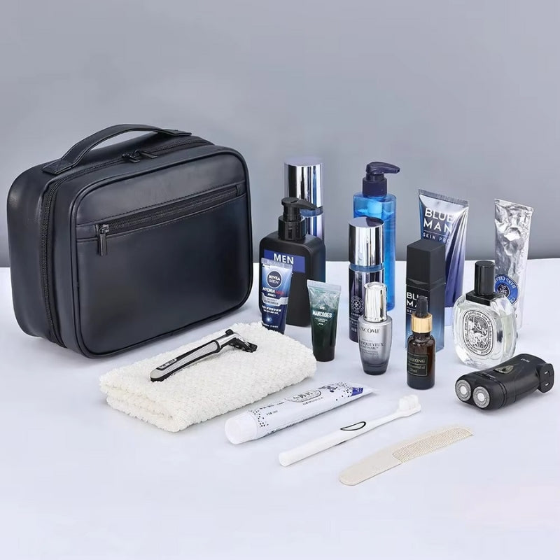trousse de toilette homme noire avec produits de soin masculins