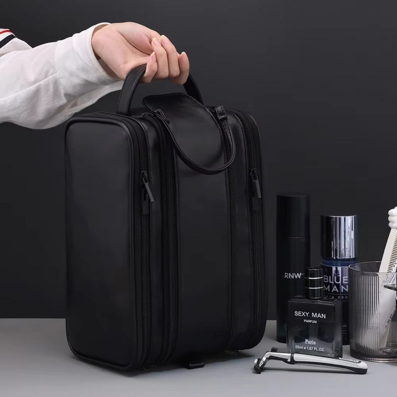trousse de toilette homme cuir organisateur noire avec poignée transport