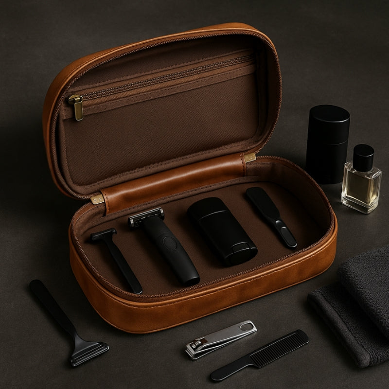 Intérieur d’une grande trousse de toilette pour homme avec compartiments organisés et accessoires de rasage