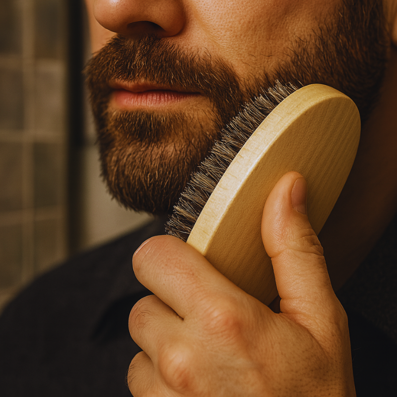 Homme utilisant brosse a barbe en poils de sanglier pour entretien